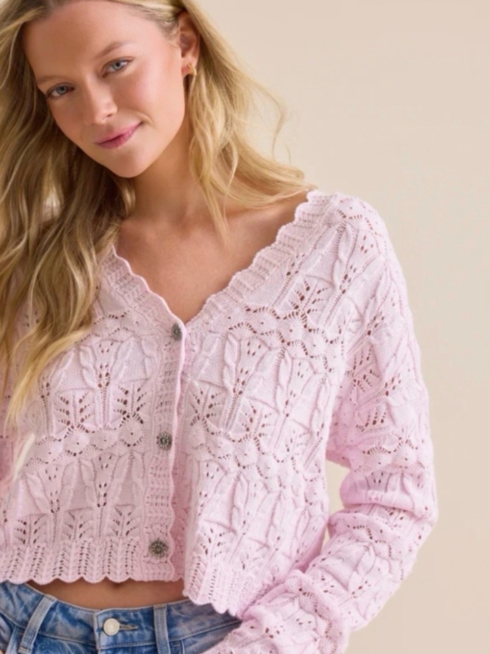 Altar'd State Pale Pink Lace Knit Button Cardigan